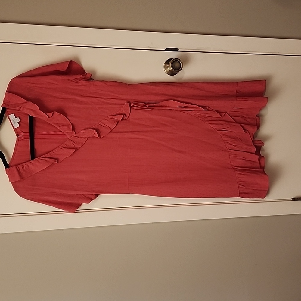 Loft Outlet coral color ruffle faux wrap dress
